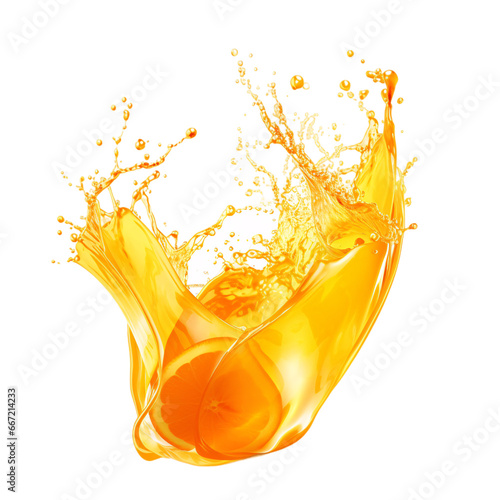 orange juice splash isolated on white, with falling orange slice