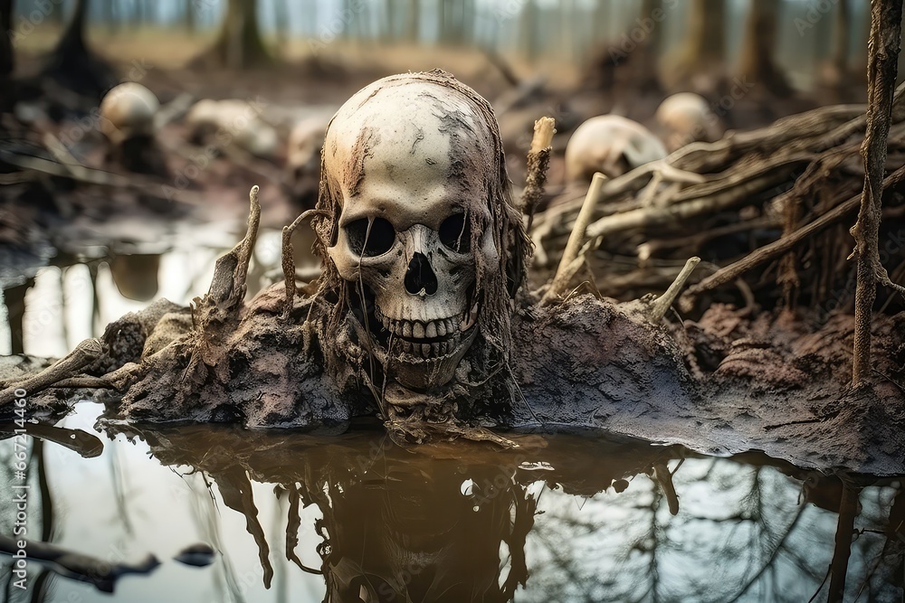 Skeletal Remains Of Fallen Warriors Embedded In Muddy Swamp Skeletal Remains Of Fallen Warriors Embedded In Muddy Swamp