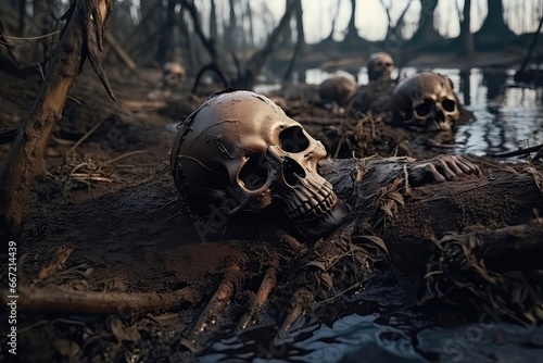 Skeletal Remains Of Fallen Warriors Embedded In Muddy Swamp