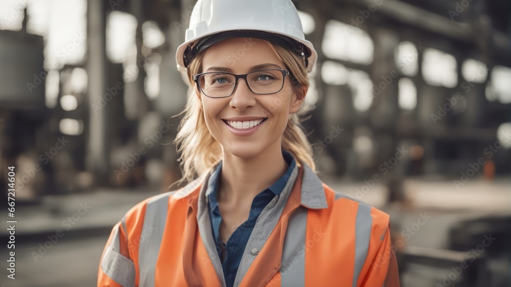 Portrait of a smiling confident female engineer at an oil refinery, confidently overseeing operation