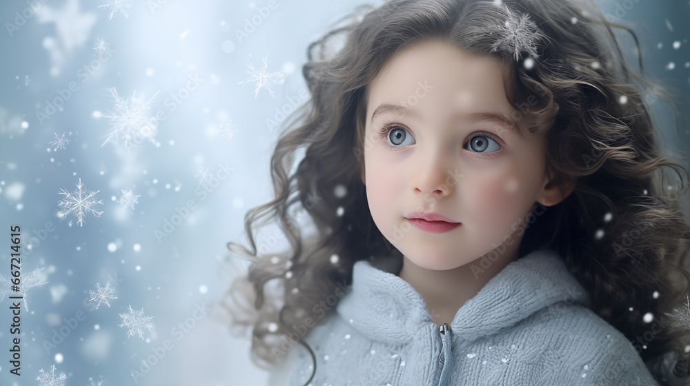 Portrait of a beautiful little girl in a warm sweater among magical snowflakes. Copy space.