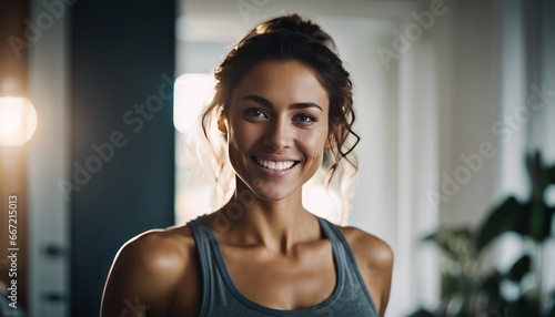 cinematic photo Portrait of a young sporty happy woman looking cheerful at the camera and smiling