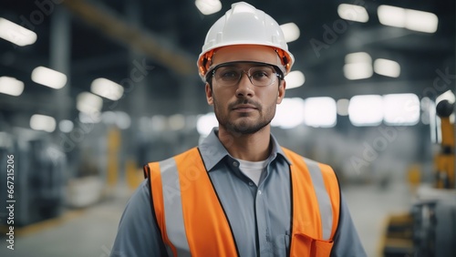 Portrait of Industry maintenance engineer man wearing uniform and safety hard hat on factory station