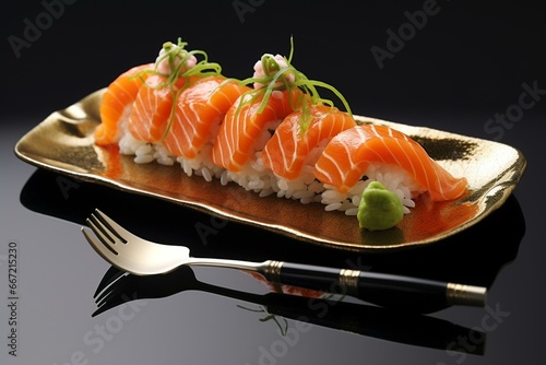 Salmon sushi with vibrant cutlery arrangement design. Generative AI