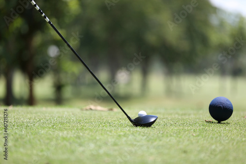 Close up golf ball on green grass