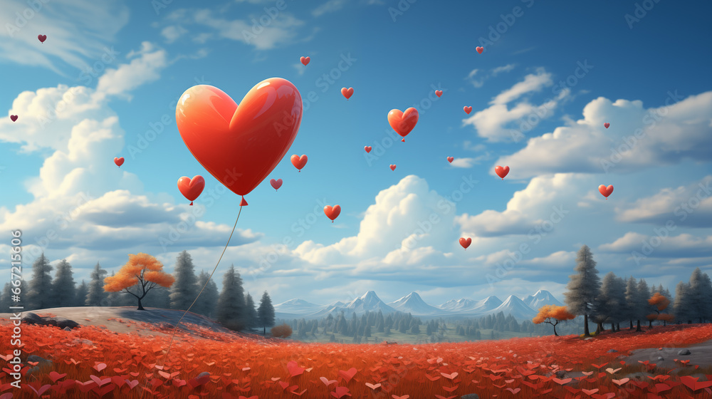 Fototapeta premium Red hearts flying in the sky against the backdrop of fabulous landscape