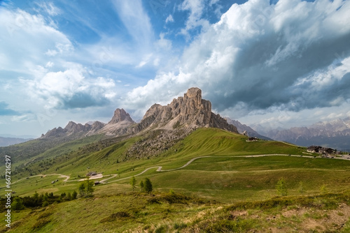 The picturesque landscape of the Giau Pass or Passo di Giau. A mountain pass in the province of Belluno, Italy, Europe at an altitude of 2 236 m.