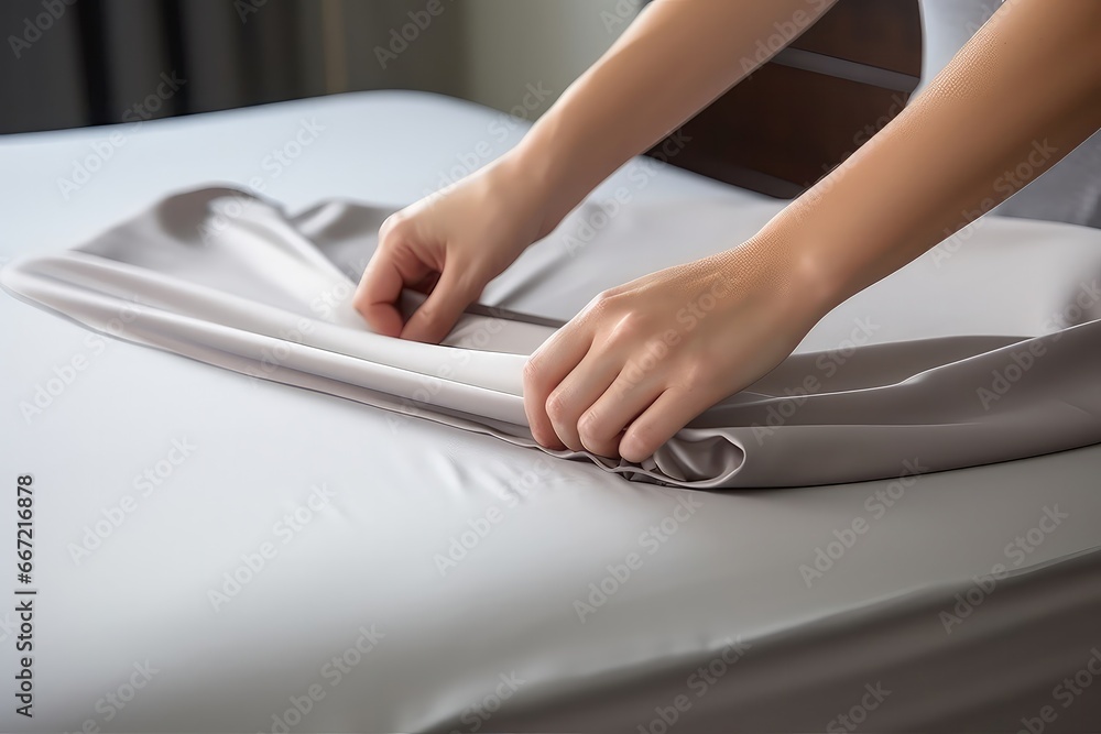 Fototapeta premium Woman Using Technology To Put Fitted Sheet On Bed