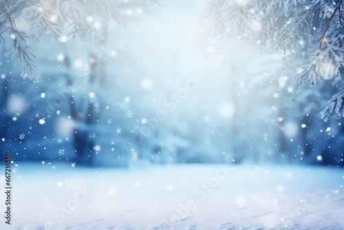 Winter Wonderland With Snow And Blurred Forest Background