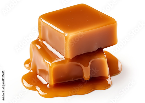 Two pieces of toffee topped with melted caramel isolated on a white background.