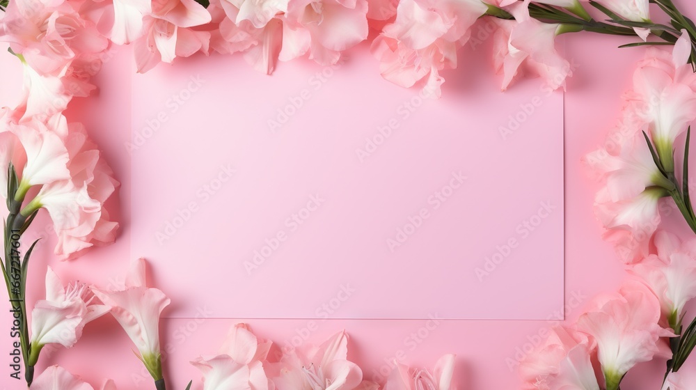  a pink background with pink flowers and a pink square frame.  generative ai