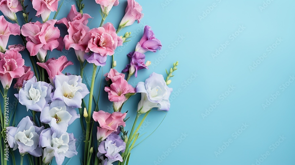  a bunch of pink and purple flowers on a blue background.  generative ai