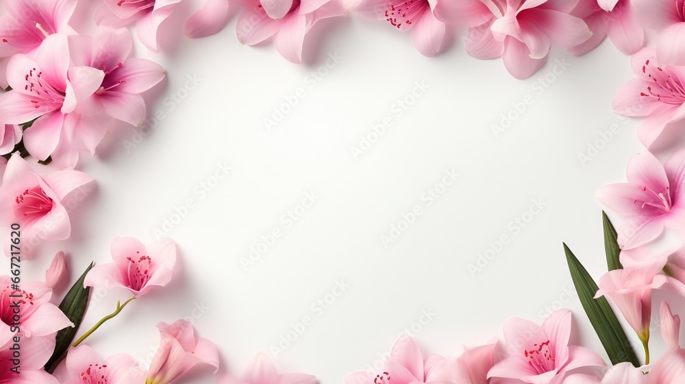 a white background with pink flowers and leaves in the center. generative ai a white background with pink flowers and leaves in the center. generative ai