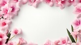  a white background with pink flowers and leaves in the center.  generative ai