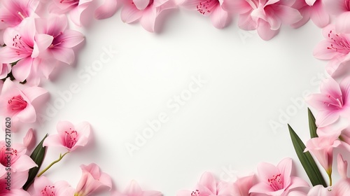  a white background with pink flowers and leaves in the center. generative ai