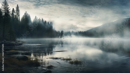 A dense blanket of fog hovering over a silent lake, evoking a sense of mystery. © baloch