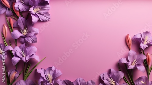  purple flowers on a pink background with a place for text. generative ai