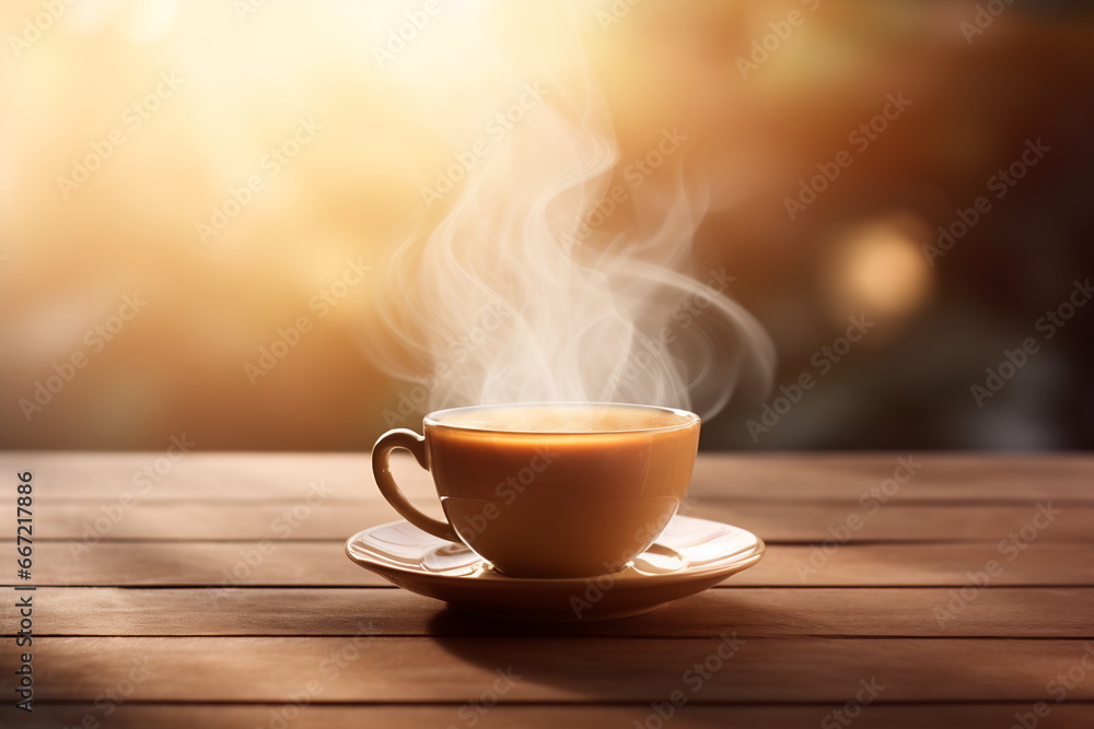 A cup of hot drink with steam against golden bokeh background A cup of hot drink with steam against golden bokeh background