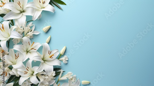  a bunch of white lilies on a blue background with space for text. generative ai