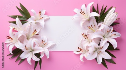  a white card surrounded by white flowers on a pink background.  generative ai
