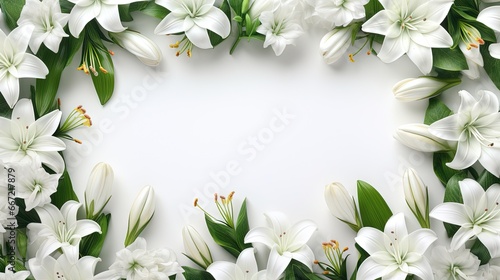  a white flower border with green leaves and flowers on a white background.  generative ai