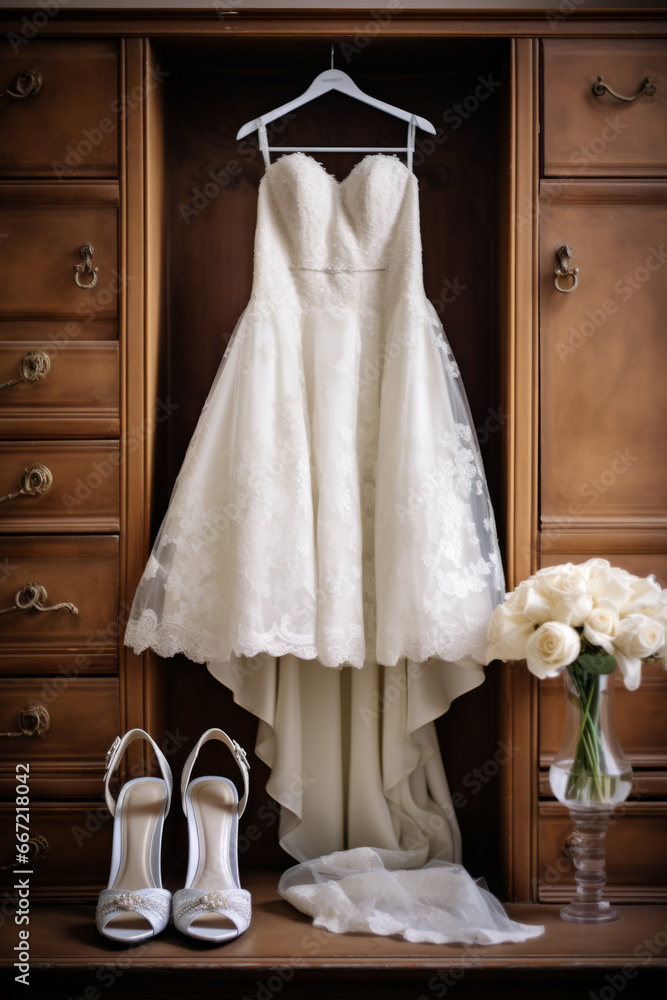 wedding dress hanging in the wardrobe wedding dress hanging in the wardrobe