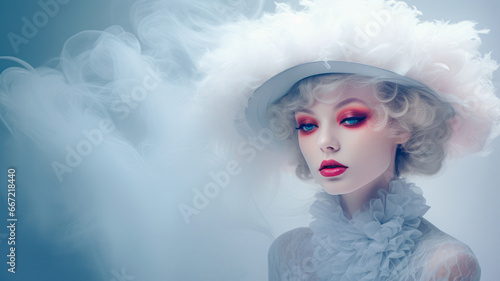 An exclusive, young lady striking a pose in a hat as an explosion of pink smoke emerges from it. this image highlights the fusion of elegance and creativity, presenting a vivid explosion of style.