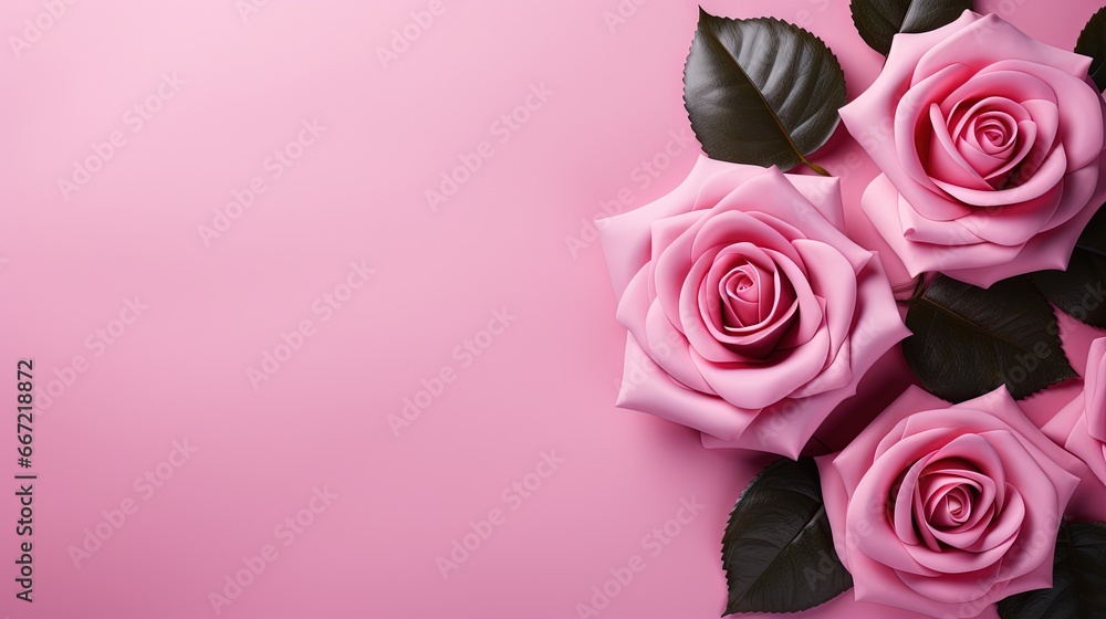 a group of pink roses with leaves on a pink background. generative ai a group of pink roses with leaves on a pink background. generative ai