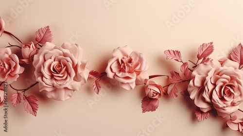  a group of pink flowers on a light pink background with leaves.  generative ai