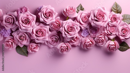  a bunch of pink roses with leaves on a pink background.  generative ai © Shanti