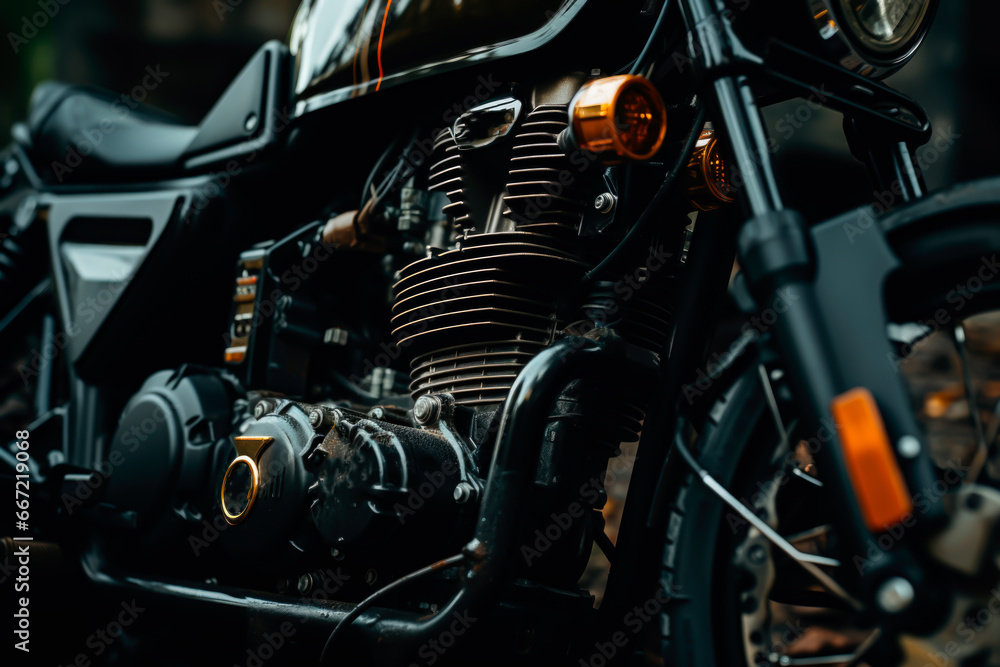 engine and interior of a new design motorcycle, closeup engine and interior of a new design motorcycle, closeup