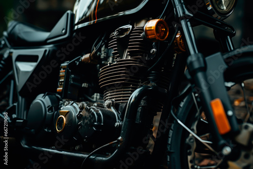engine and interior of a new design motorcycle, closeup