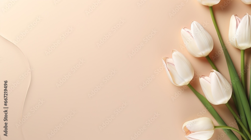  a bouquet of white tulips on a pink background.  generative ai
