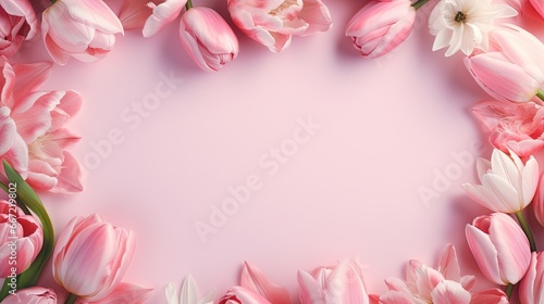  a pink background with pink and white tulips on it.  generative ai © Shanti