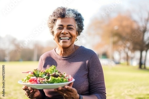 African old woman eating healthy salad after exercising in the park in sportswear during the day