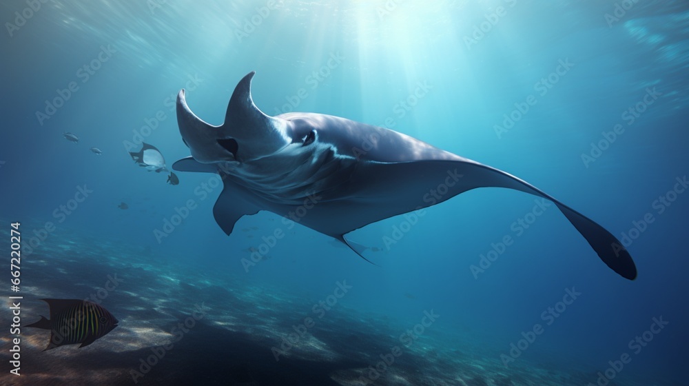 A manta ray and accompanying remora fish, showcasing a moment of oceanic companionship.