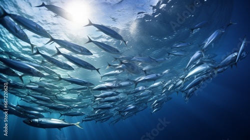 A school of silver sardines moving in synchrony, reflecting light from the water's surface.