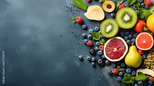  a variety of fruits are arranged on a black surface with a blue background. generative ai © Shanti
