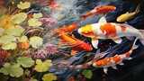 A serene koi pond, the water's surface disrupted by the gentle movement of colorful koi fish below.