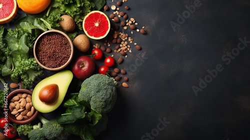  a variety of fruits and vegetables on a black surface with a dark background.  generative ai © Shanti