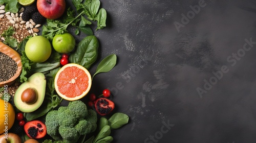  a variety of fruits and vegetables on a black background with a place for a text.  generative ai