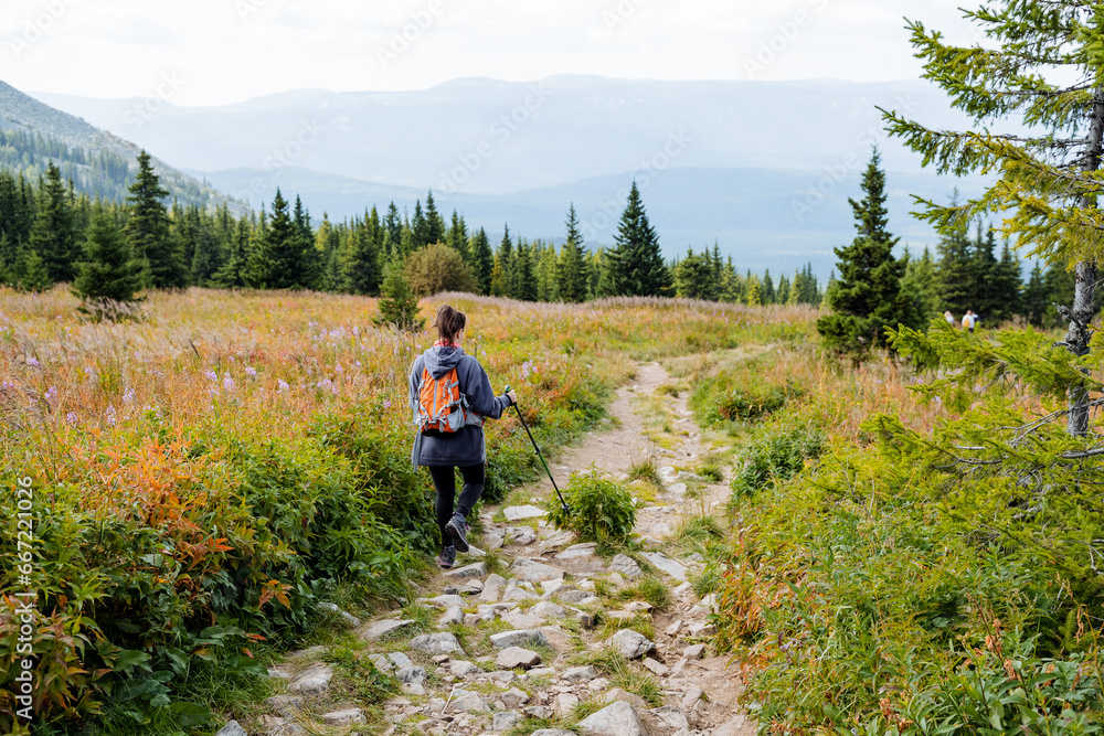 A girl walks a tourist route in a mountainous area, walks along a rocky path among grass and forest, a man with a backpack on his back on a hike.