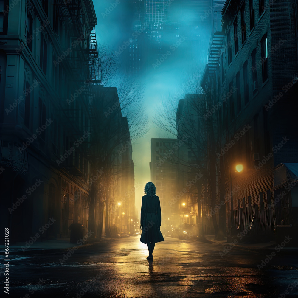 Silhouette of a mysterious person walking on a foggy, dimly lit street at night. Great for stories about crime, suspense, horror, loneliness, mystery, horror and more. Silhouette of a mysterious person walking on a foggy, dimly lit street at night. Great for stories about crime, suspense, horror, loneliness, mystery, horror and more.