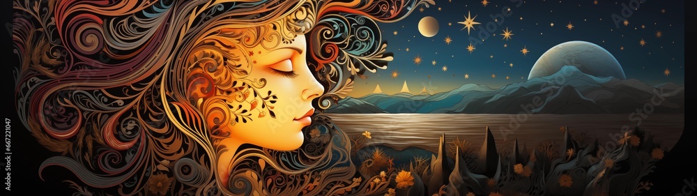 fondo panorámico para doble pantalla o banner de una ilustración de la cara de una mujer dormida y un paisaje nocturno de fantasía con luna y estrellas fondo panorámico para doble pantalla o banner de una ilustración de la cara de una mujer dormida y un paisaje nocturno de fantasía con luna y estrellas