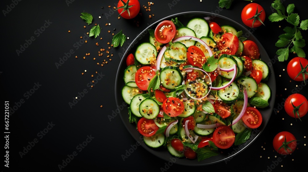  a plate of sliced cucumbers, onions, tomatoes and herbs.  generative ai
