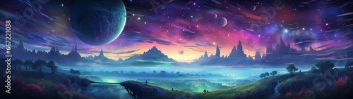 fondo panorámico para doble pantalla o banner de un paisaje fantástico con planetas y estrellas con colores vibrantes photo