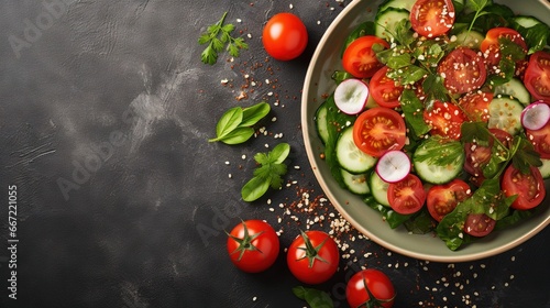  a bowl of salad with tomatoes, cucumbers, onions and herbs.  generative ai