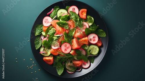  a plate of fresh vegetables and sliced cucumbers on a green background. generative ai