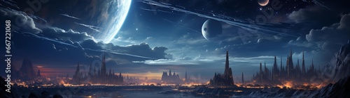 fondo panorámico para doble pantalla o banner de un paisaje de ciudades de otro planeta con un cielo nublado y vista de las estrellas y planetas de la galaxia photo