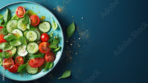  a blue plate topped with cucumbers and tomatoes on top of a blue table. generative ai